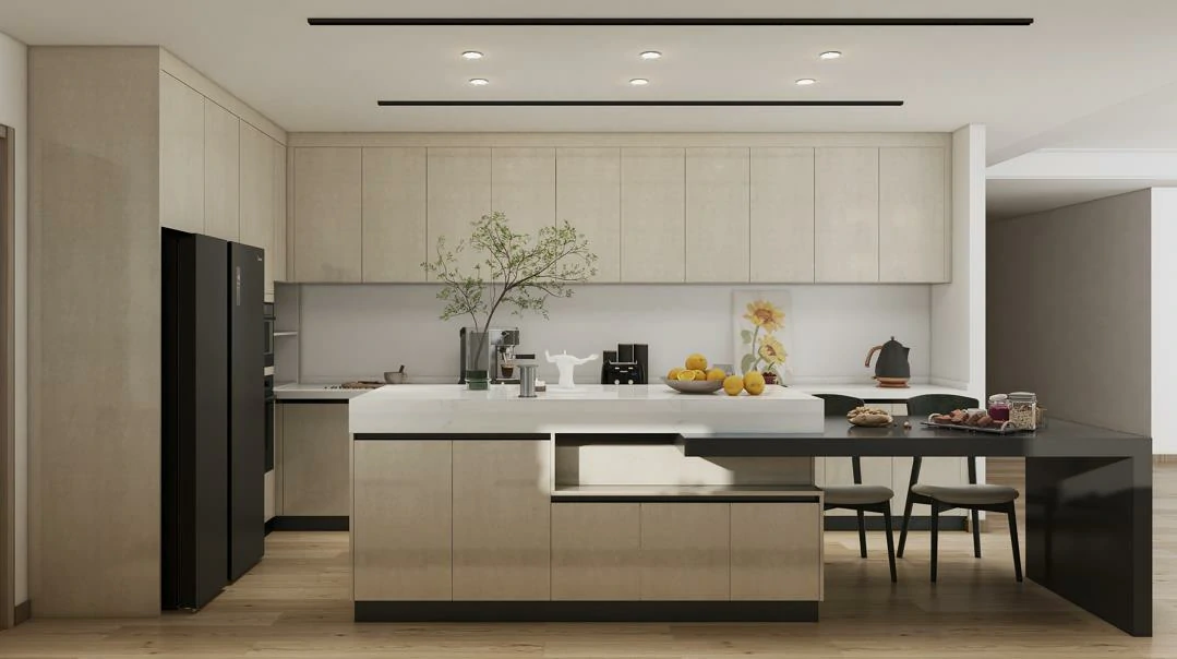 The Ultimate Guide to Kitchen Remodeling in 2025 1 sleek kitchen remodel featuring light wood cabinetry, white island, black seating area, and recessed LED lighting