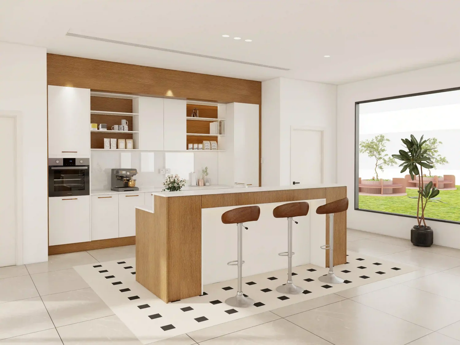 A modern kitchen featuring open shelving and custom cabinets, offering both storage and decorative space for kitchenware.