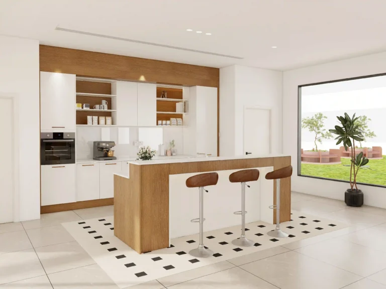 A modern kitchen featuring open shelving and custom cabinets, offering both storage and decorative space for kitchenware.