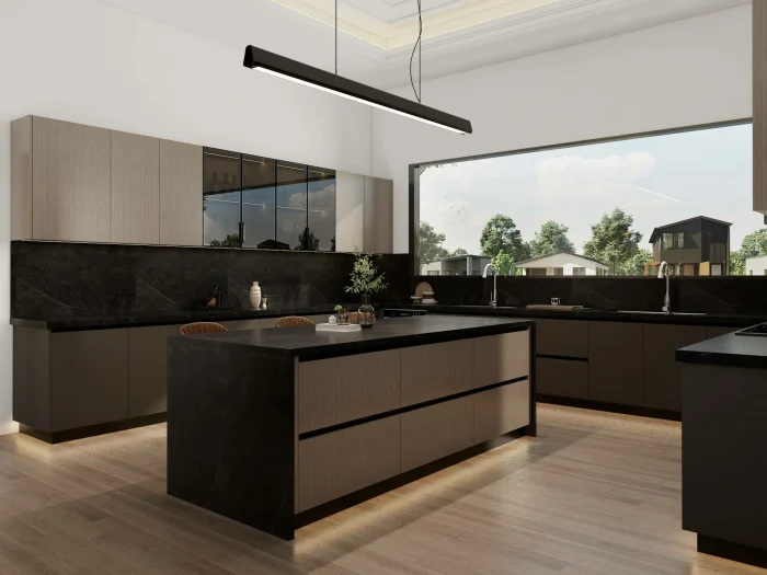 Modern kitchen with bold kitchen countertops featuring dark stone and sleek cabinetry, emphasizing a luxurious design.
