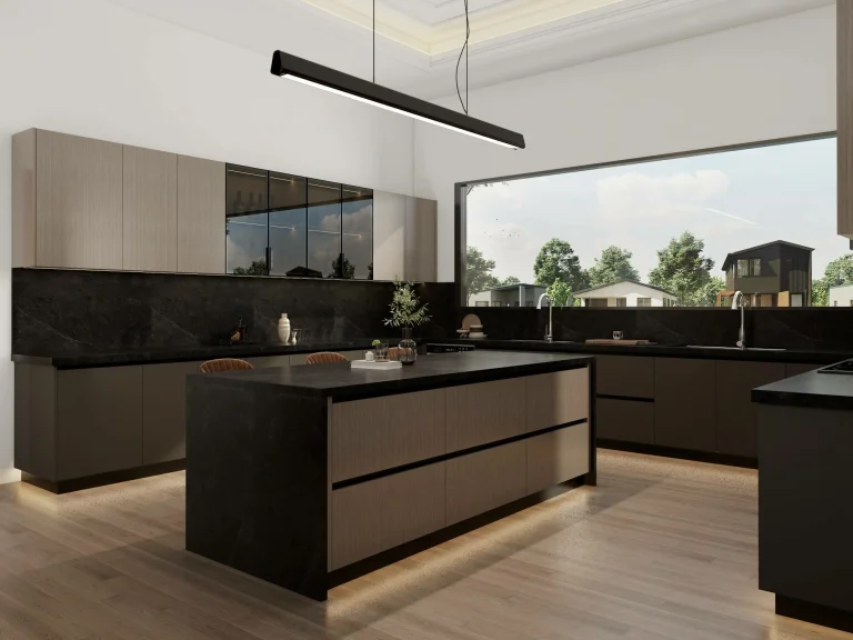 Modern kitchen with bold kitchen countertops featuring dark stone and sleek cabinetry, emphasizing a luxurious design.