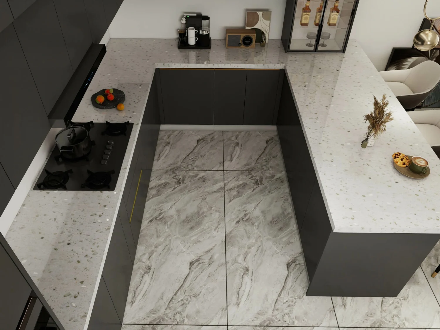 Modern kitchen featuring eco-friendly kitchen countertops with sleek, sustainable design elements.