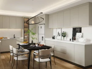 What Wall Color Goes With Gray Kitchen Cabinets? 6 Melamine U-Shape Cream Kitchen Cabinets (1)