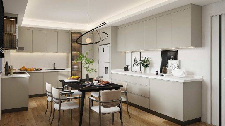 Melamine U-Shape Cream Kitchen Cabinets (1)