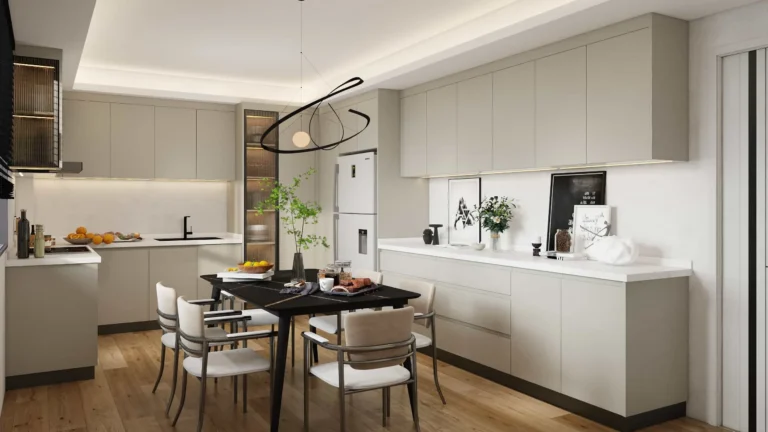 Melamine U-Shape Cream Kitchen Cabinets (1)