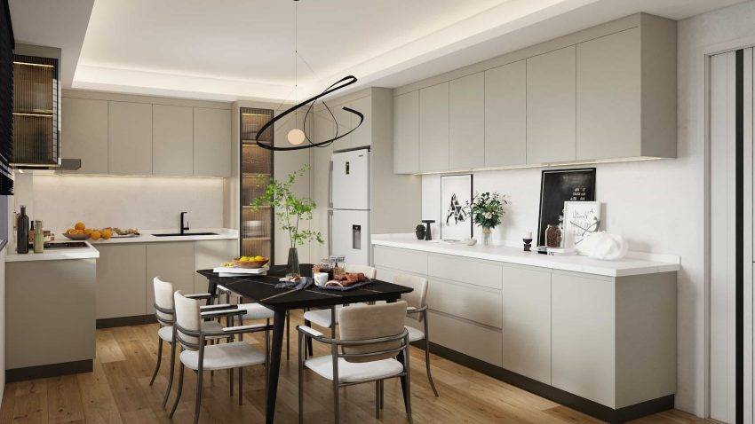 Melamine U-Shape Cream Kitchen Cabinets (1)