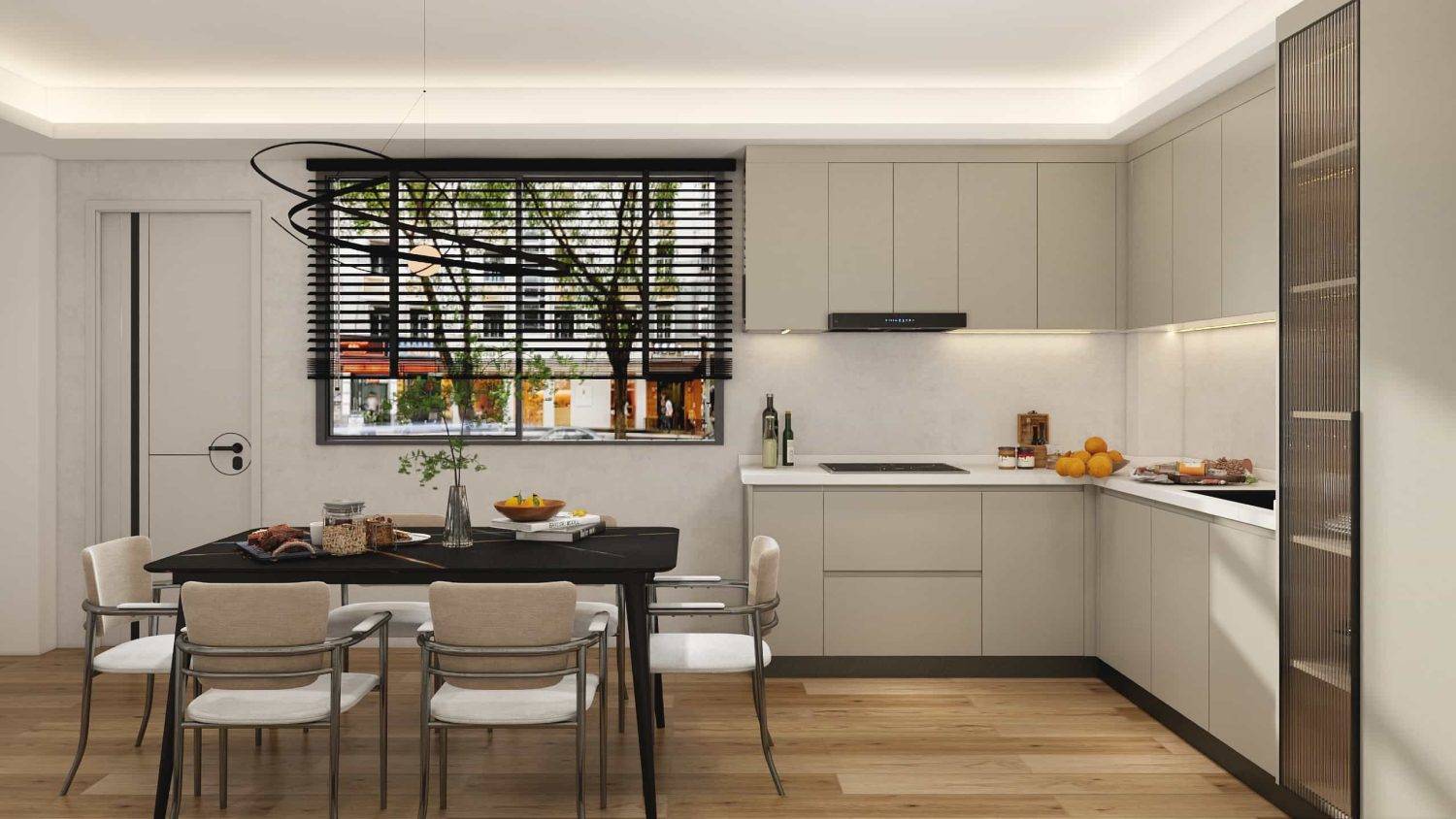 Melamine U Shape Cream Kitchen Cabinets 2
