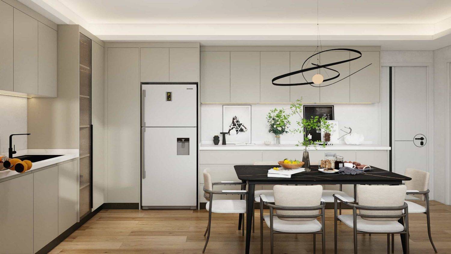 Melamine U Shape Cream Kitchen Cabinets 3