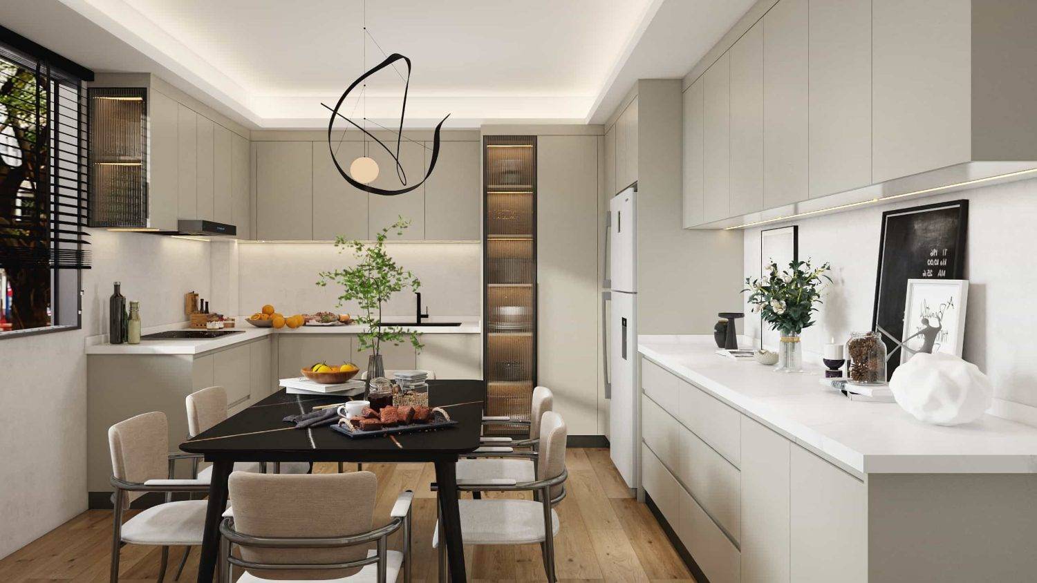 Melamine U-Shape Cream Kitchen Cabinets (4)