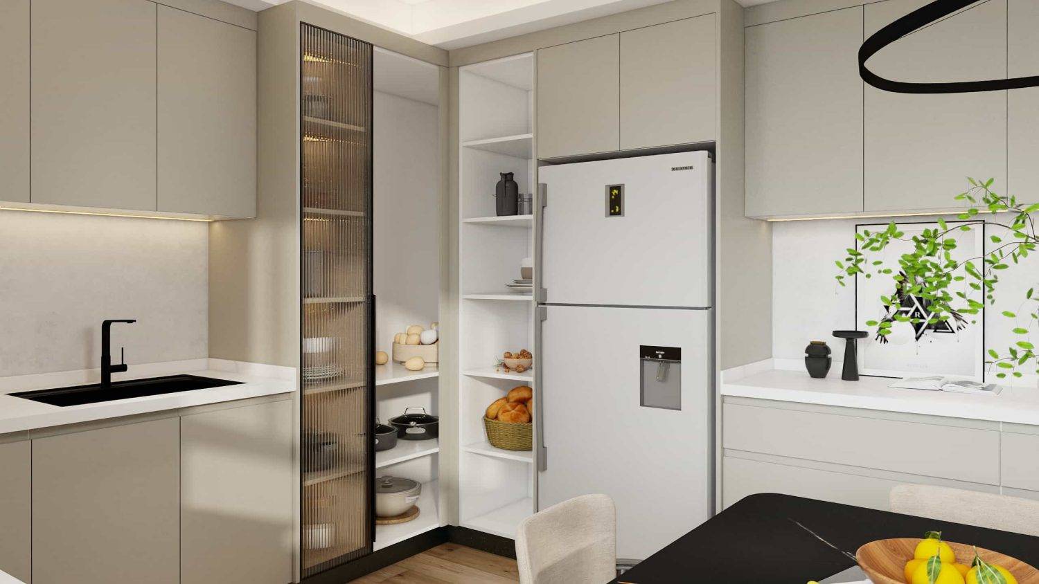 Melamine U Shape Cream Kitchen Cabinets 5