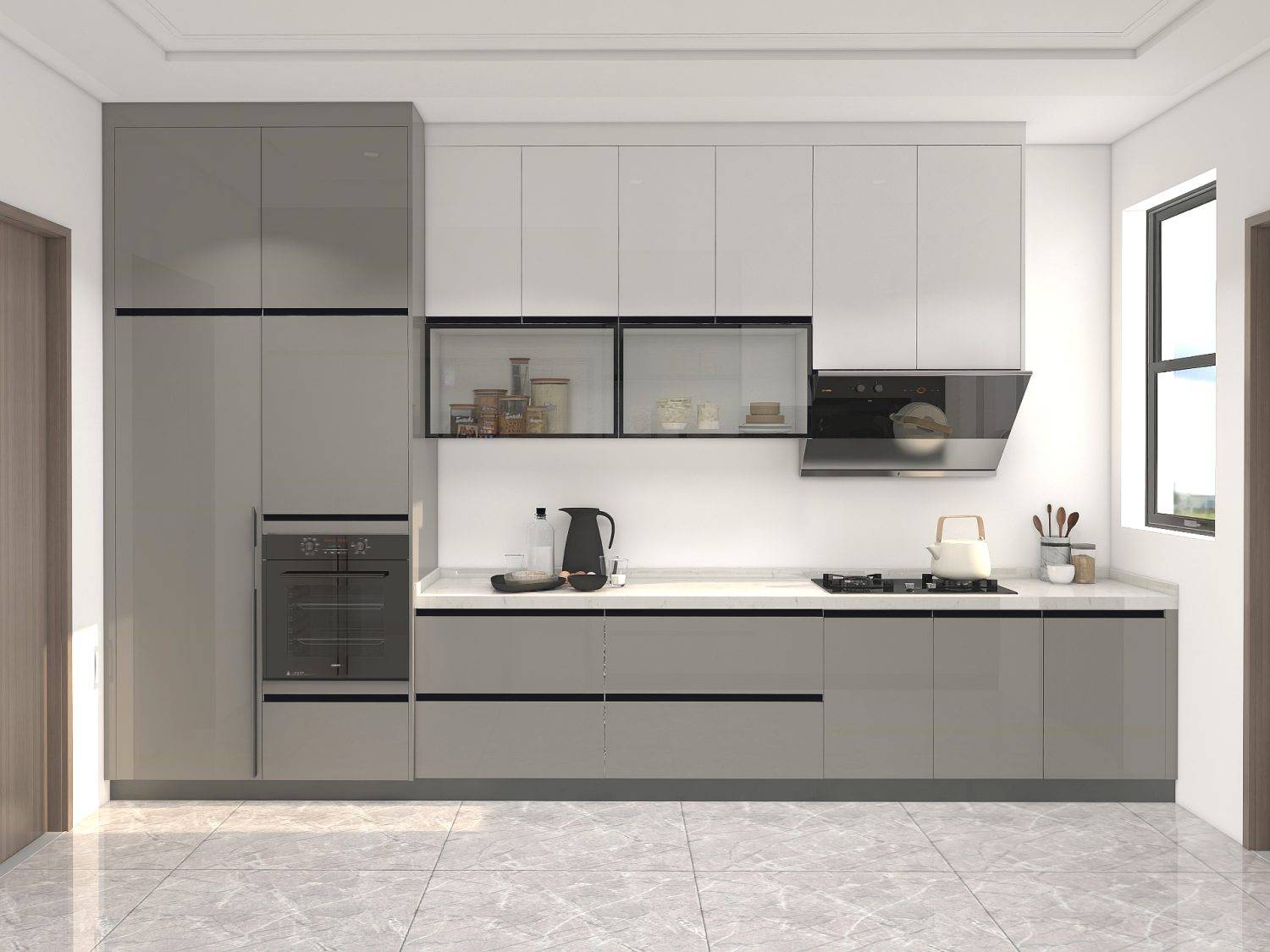 Modern Gray Lacquer Galley Kitchen Cabinet 2