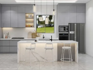 What Color Cabinets Go With Black Appliances? 10 Modern Gray Lacquer One-Wall Kitchen Cabinets (3)