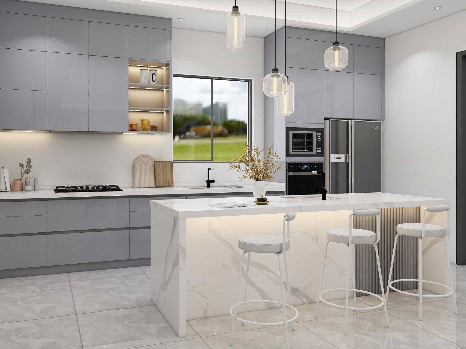 Modern Gray Lacquer One-Wall Kitchen Cabinets (4)