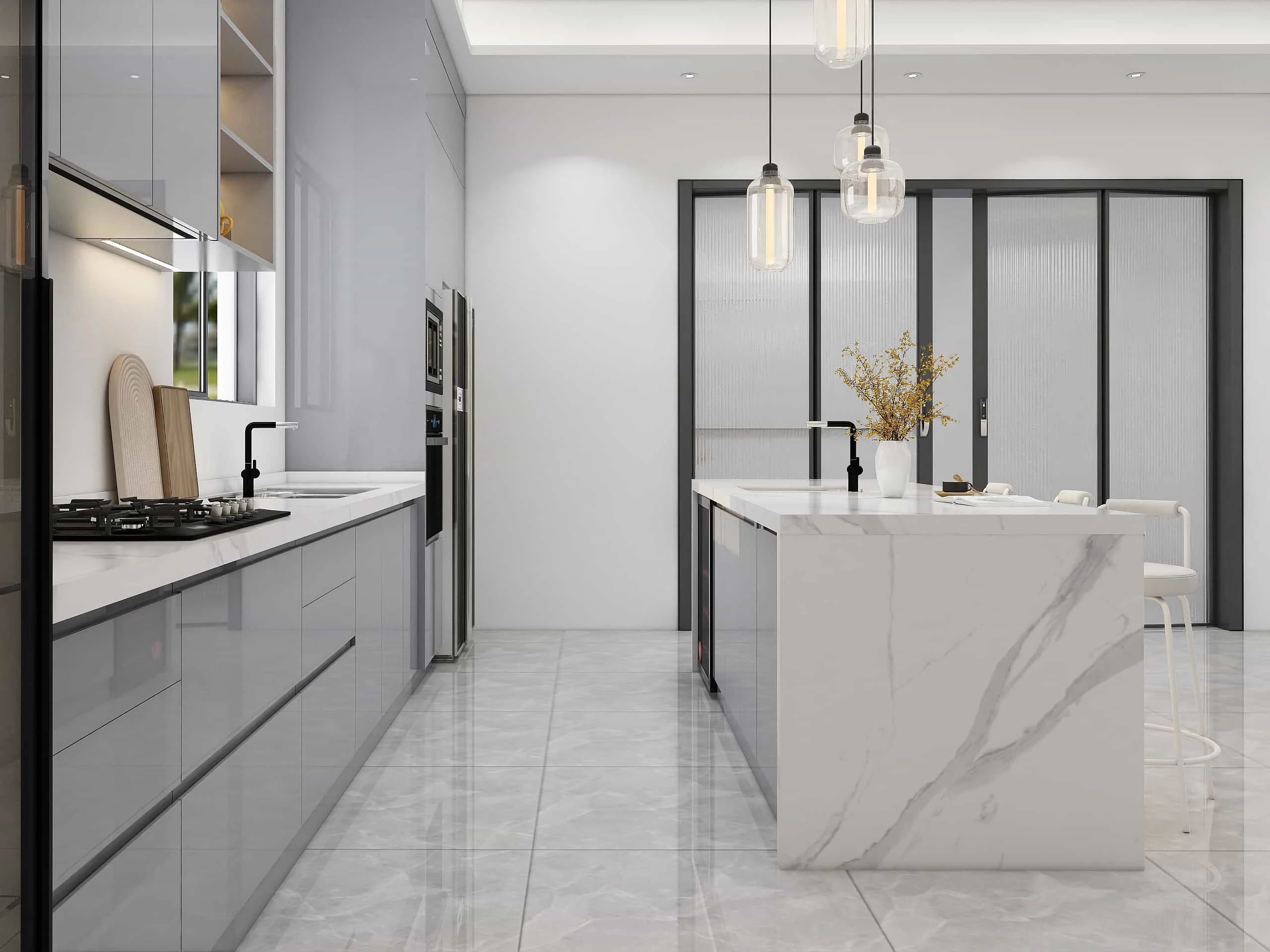 Modern Gray Lacquer One-Wall Kitchen Cabinets 5 Modern Gray Lacquer One-Wall Kitchen Cabinets (5)