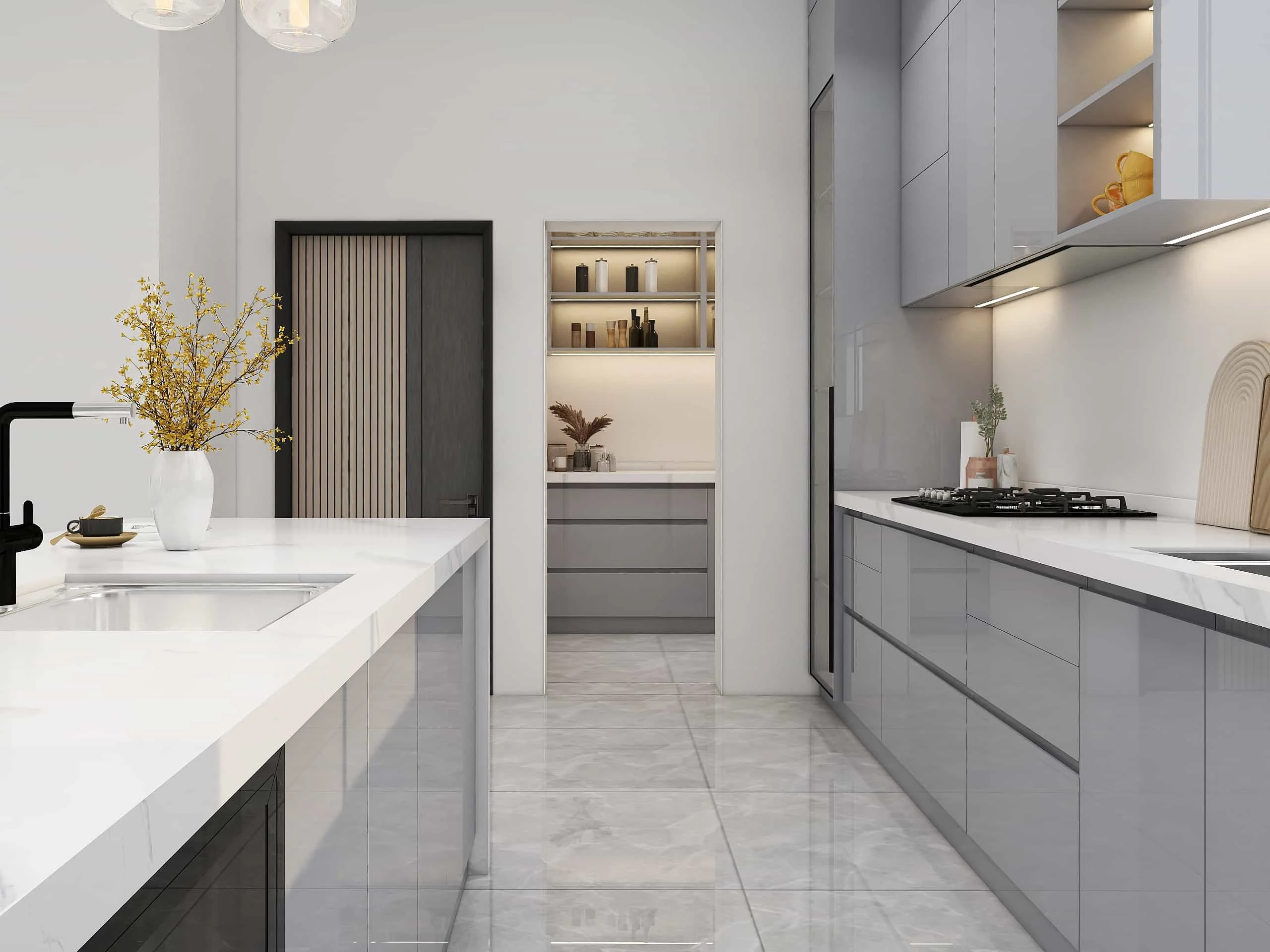 Modern Gray Lacquer One-Wall Kitchen Cabinets 4 Modern Gray Lacquer One-Wall Kitchen Cabinets (7)