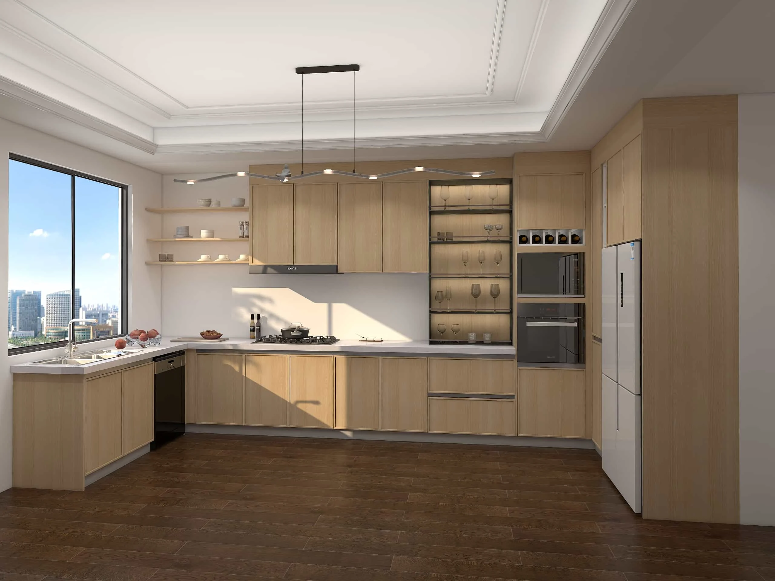 Mga Modernong Wood Veneer na U-shaped na Mga Kabinet ng Kusina 3 Mga Modernong Wood Veneer na U-shaped na Mga Kabinet ng Kusina (1)