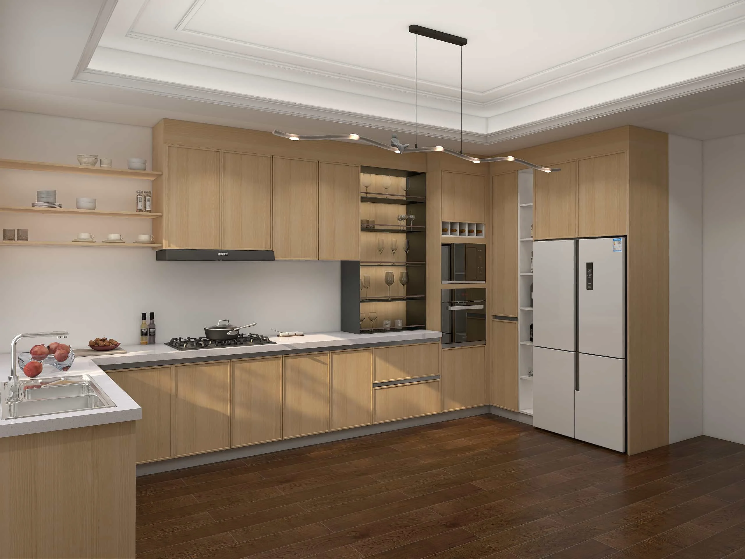 Mga Modernong Wood Veneer na U-shaped na Mga Kabinet ng Kusina 4 Mga Modernong Wood Veneer na U-shaped na Mga Kabinet ng Kusina (4)