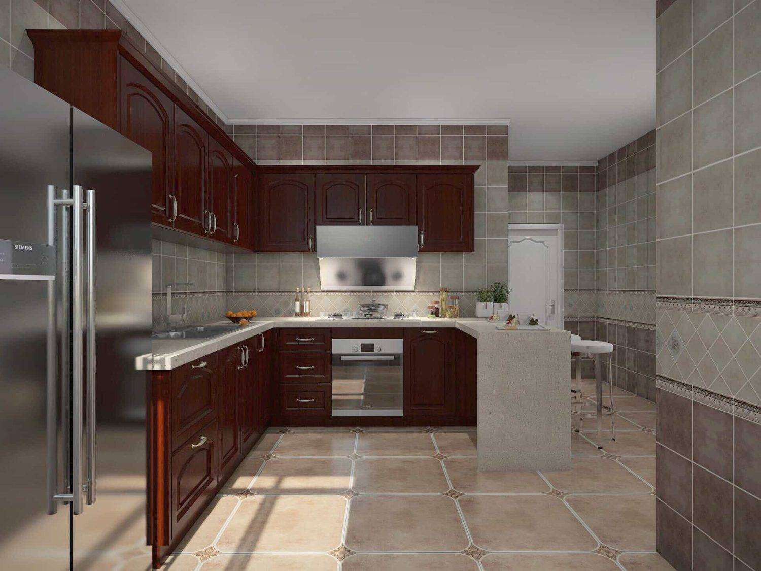 Transitional Wooden Two tone U Shape Kitchen Cabinets 1