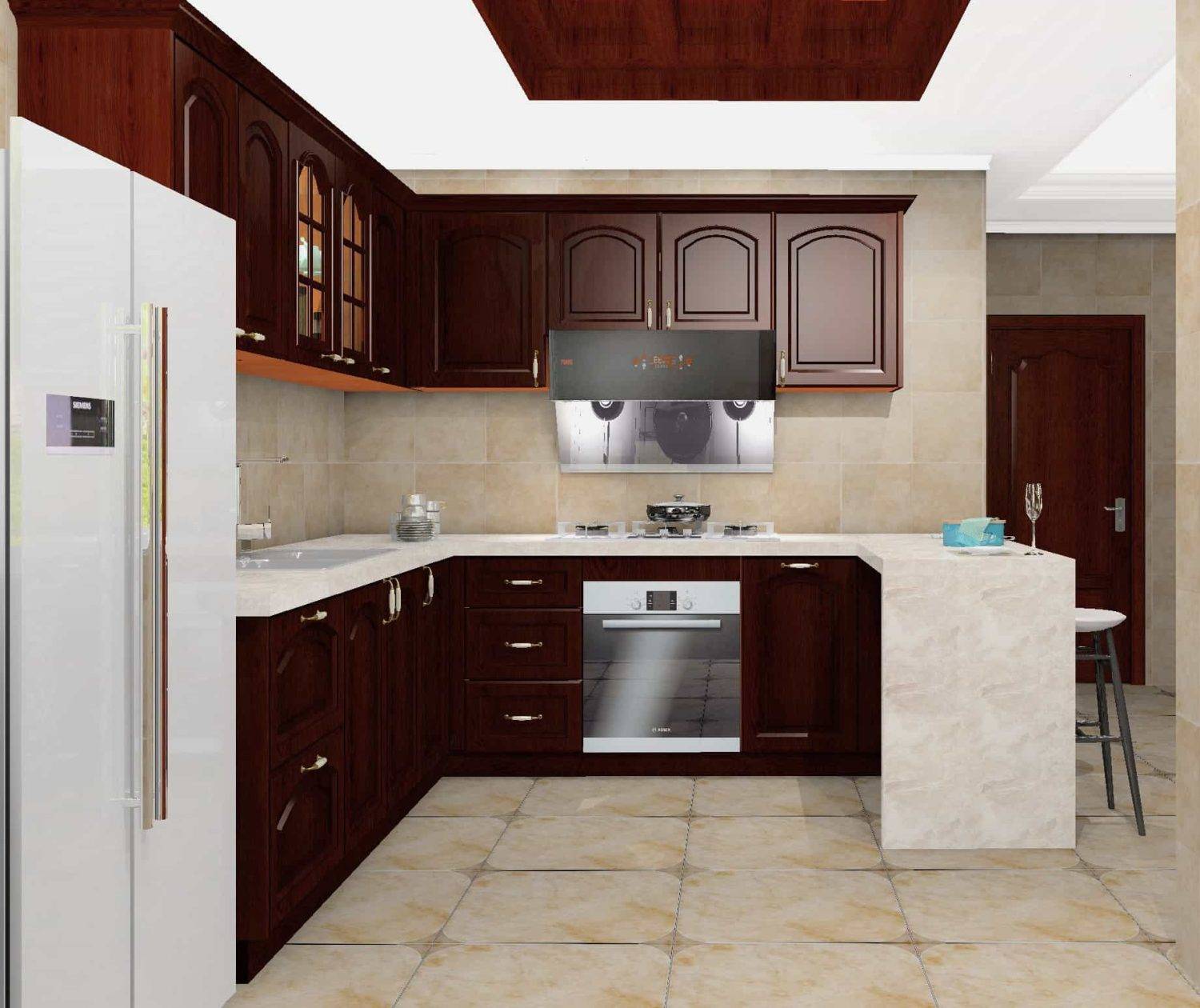 Transitional Wooden Two tone U Shape Kitchen Cabinets 5