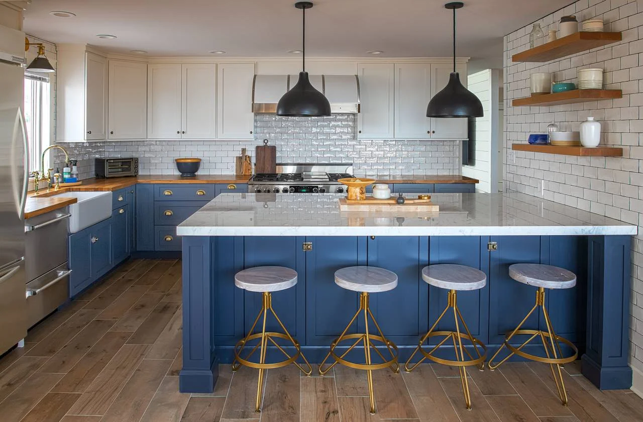 Modern Blue L-shape Plywood Kitchen Cabinet 1 blue-modern-island-Plywood
