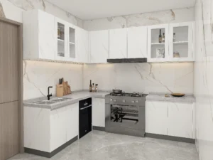 ¿De qué color son los gabinetes con pisos grises? 7 Elegante cocina blanca moderna con gabinetes de melamina (1)