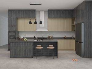 Modern Black and Wood L Shaped Kitchen Cabinets