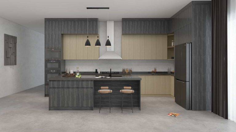 Modern Black and Wood L Shaped Kitchen Cabinets