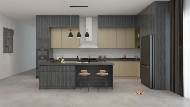 Modern Black and Wood L Shaped Kitchen Cabinets