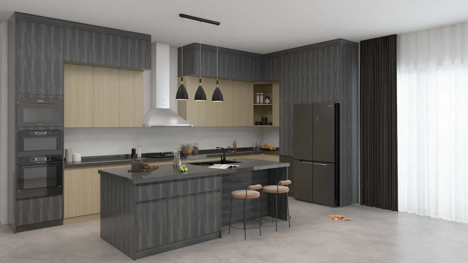 Gabinetes de cocina modernos en forma de L de madera y negro