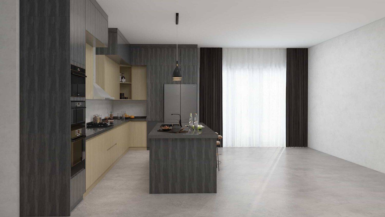 Modern Black and Wood L Shaped Kitchen Cabinets