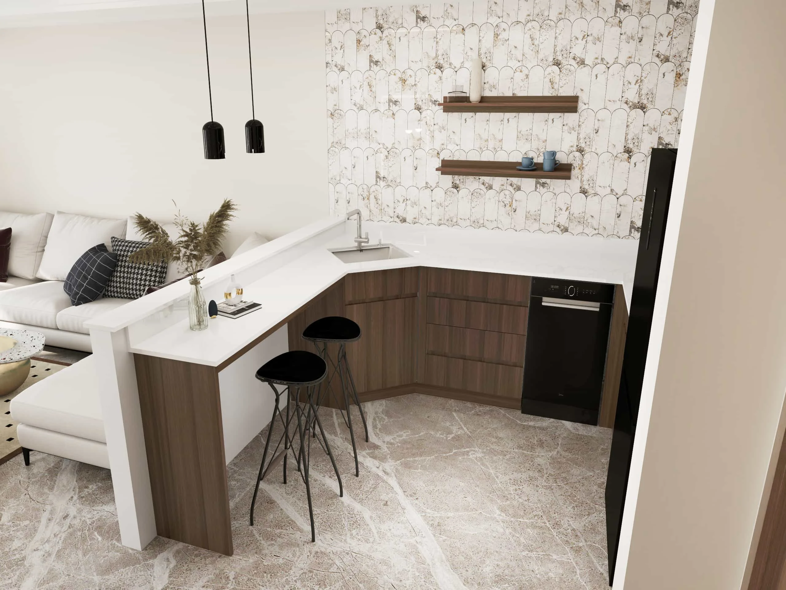 Gabinetes de cocina pequeños en forma de U de melamina marrón modernos 4 Gabinetes de cocina pequeños en forma de U marrones modernos