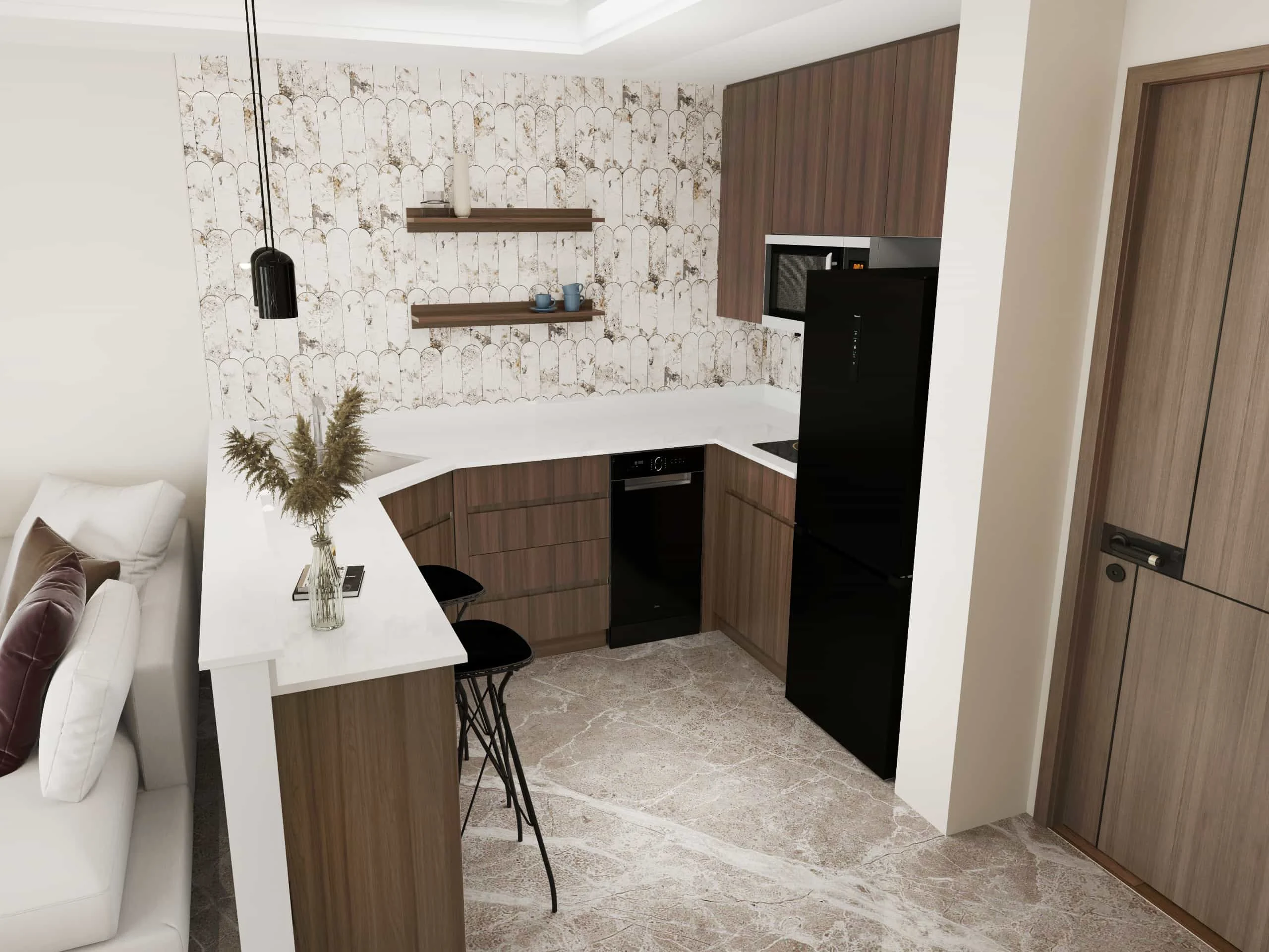 Gabinetes de cocina pequeños en forma de U de melamina marrón modernos 3 Gabinetes de cocina pequeños en forma de U marrones modernos