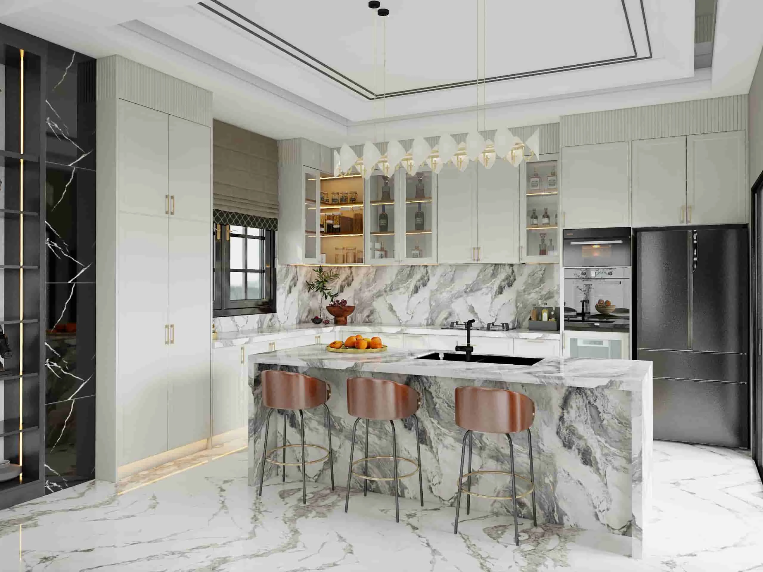 Modern Elegant Marble-Accented Kitchen Cabinets