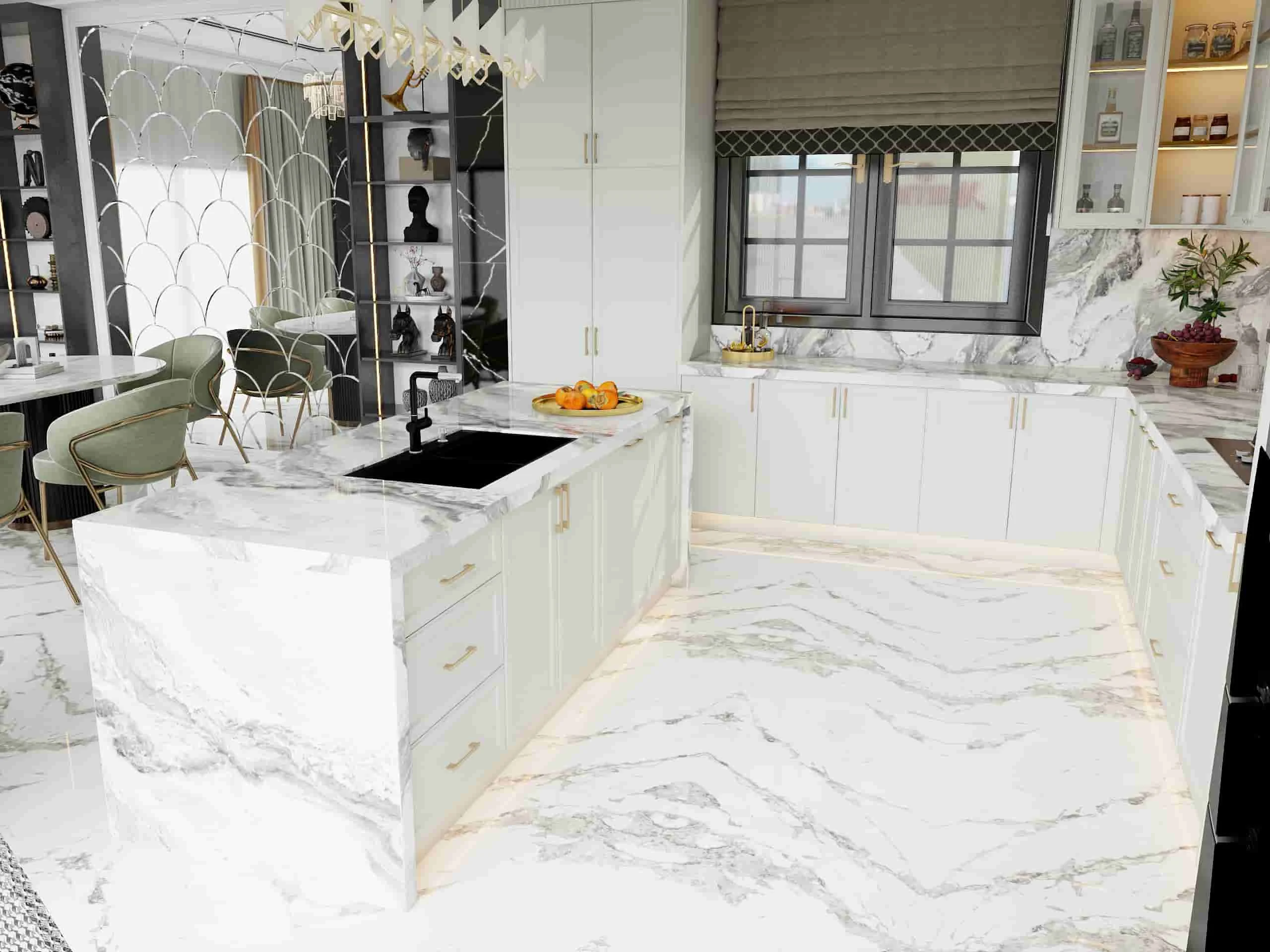 Modern Elegant Marble-Accented Kitchen Cabinets