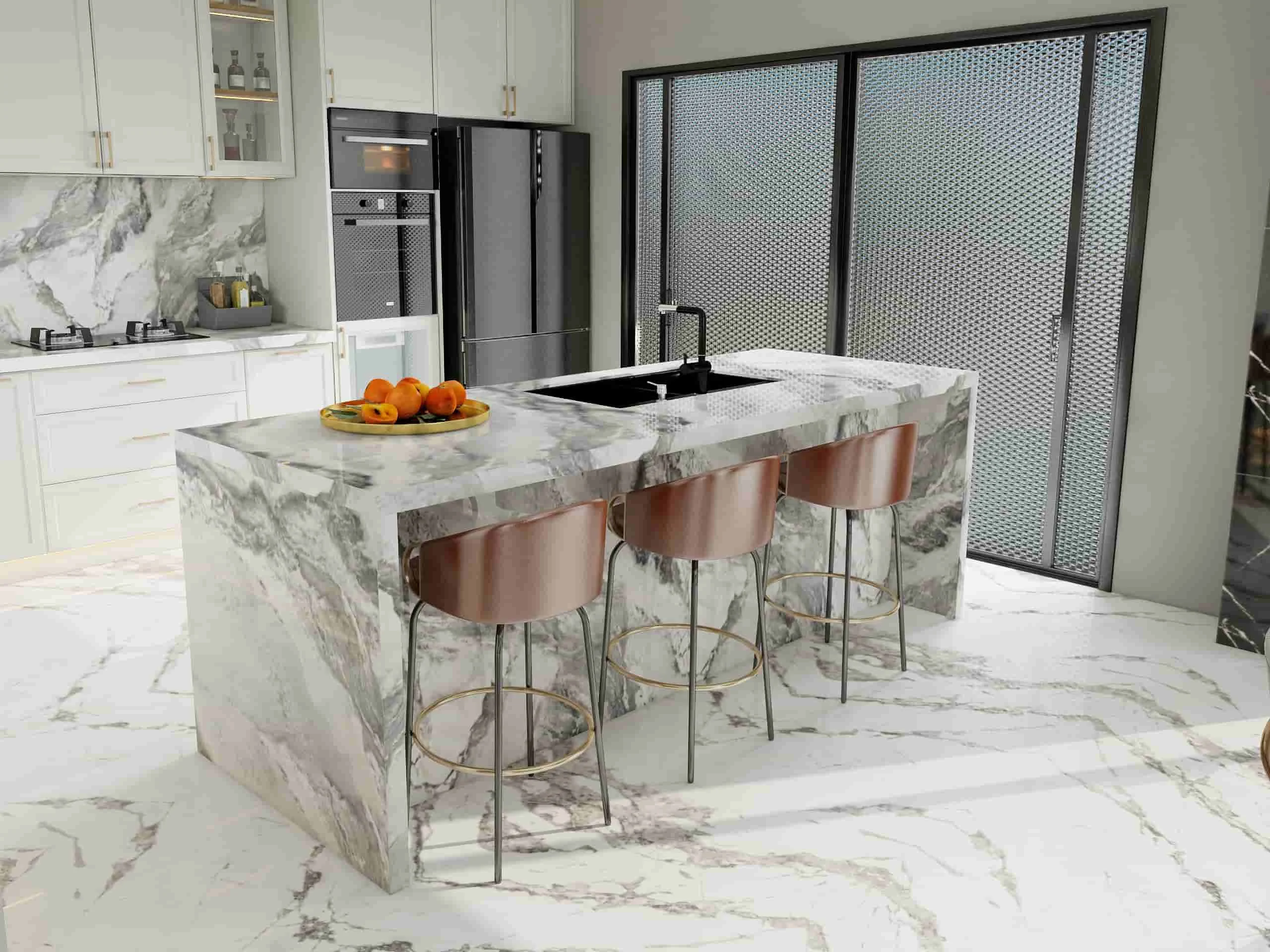 Modern Elegant Marble-Accented Kitchen Cabinets