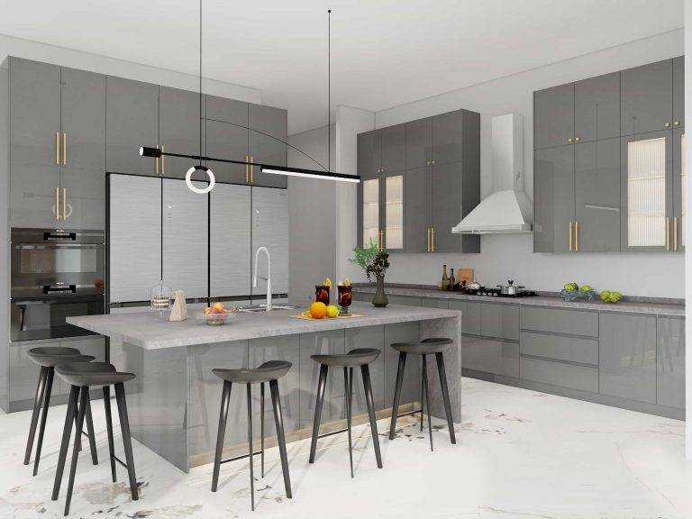 Modern Gray Lacquer Island Kitchen Cabinets (1)