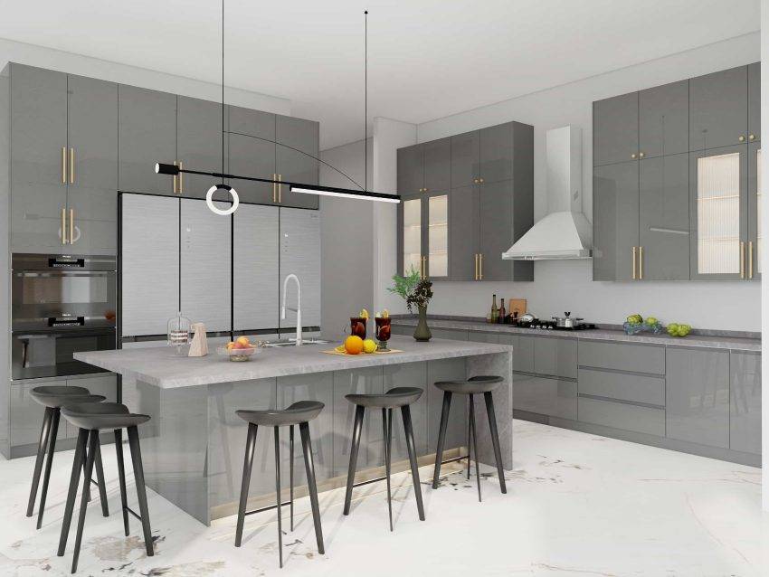 Modern Gray Lacquer Island Kitchen Cabinets (1)