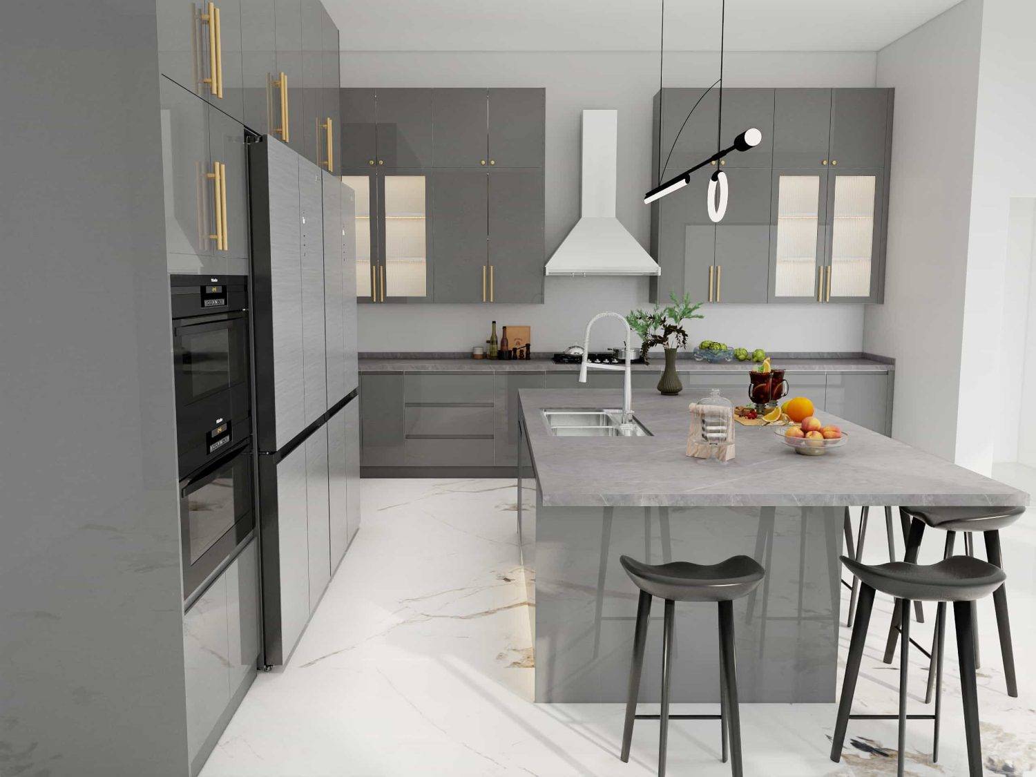 Modern Gray Lacquer Island Kitchen Cabinets (3)