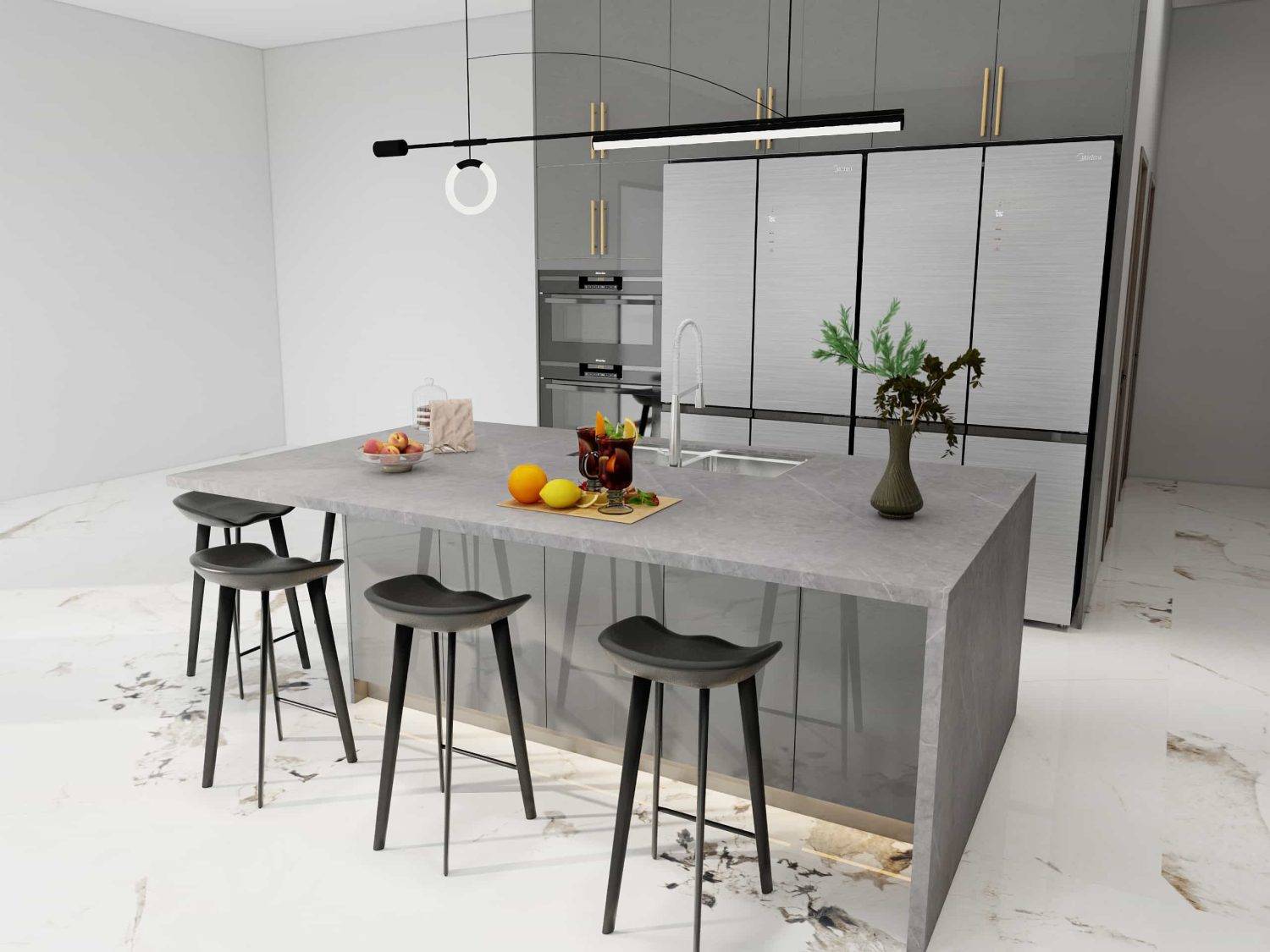 Modern Gray Lacquer Island Kitchen Cabinets (4)