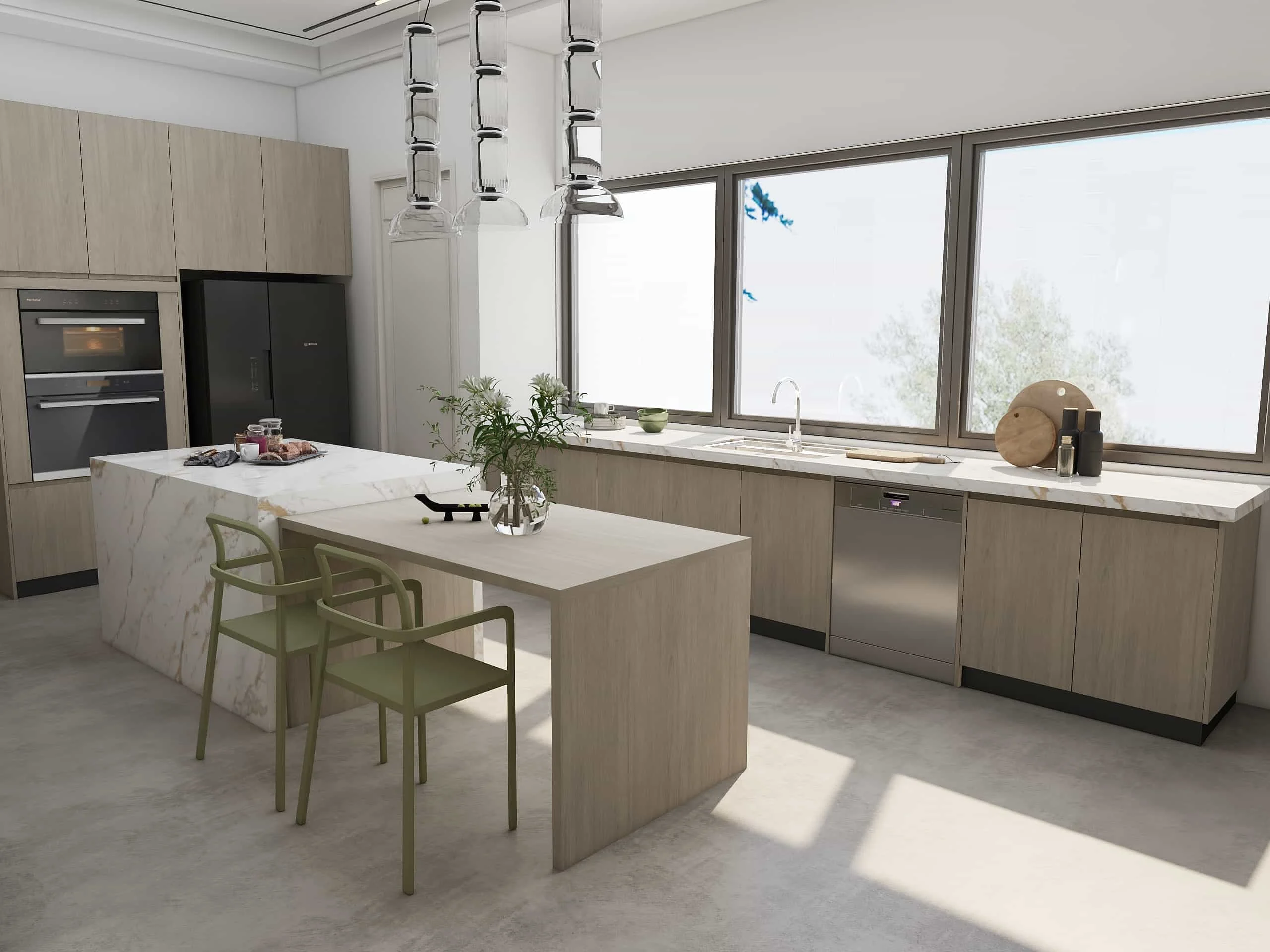 El minimalismo moderno se combina con gabinetes de cocina en tonos cálidos de madera