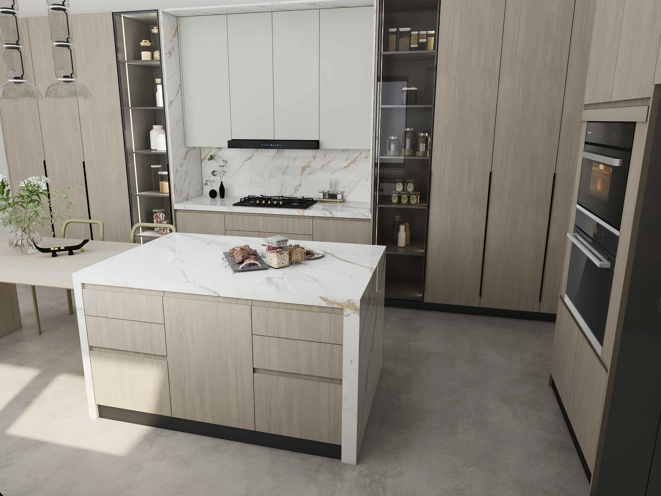 El minimalismo moderno se combina con gabinetes de cocina en tonos cálidos de madera