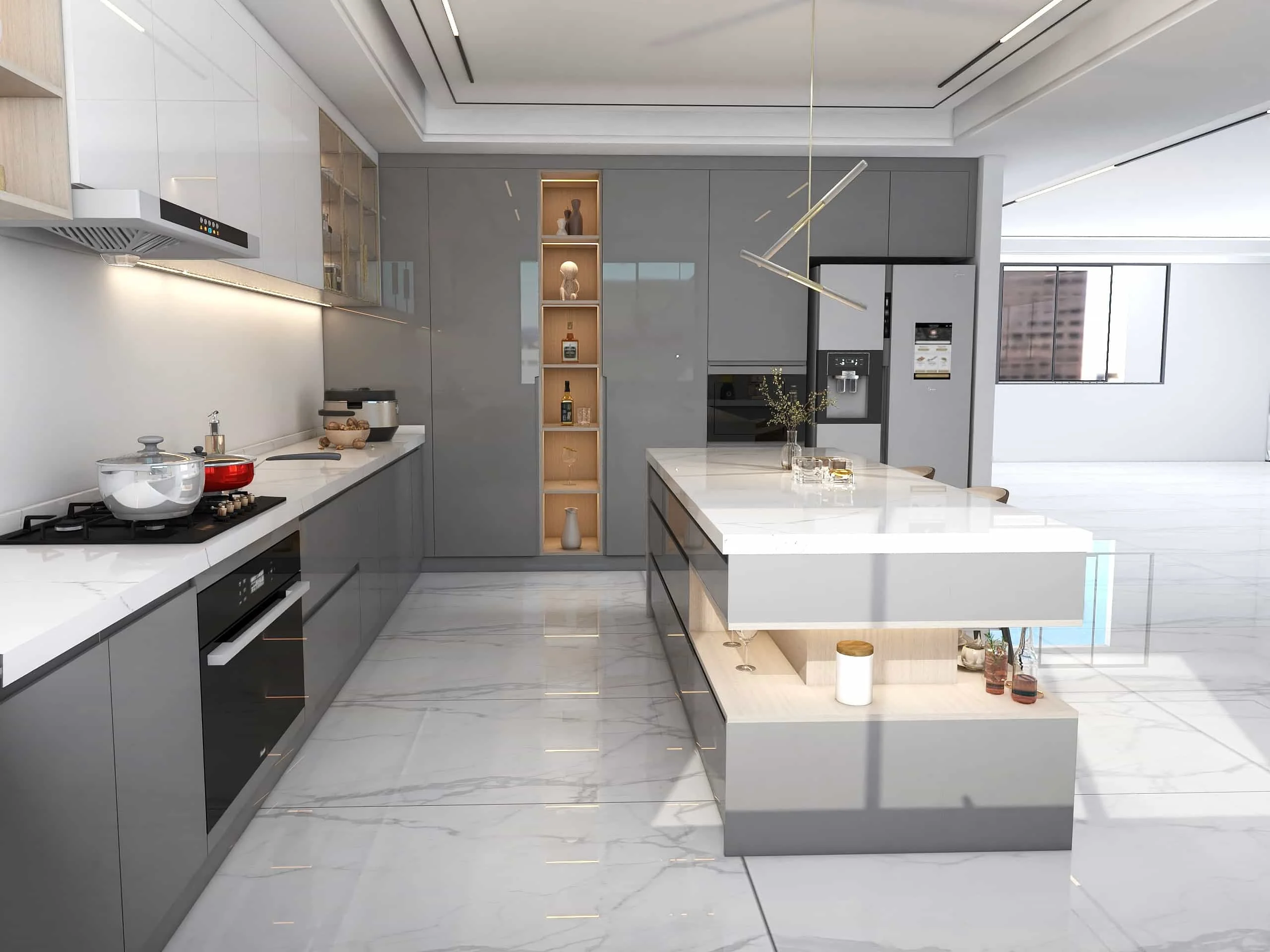 Modern Two-tone Grille U Shaped Kitchen Cabinet 3 Modern Two-tone Grille U Shaped Kitchen Cabinet
