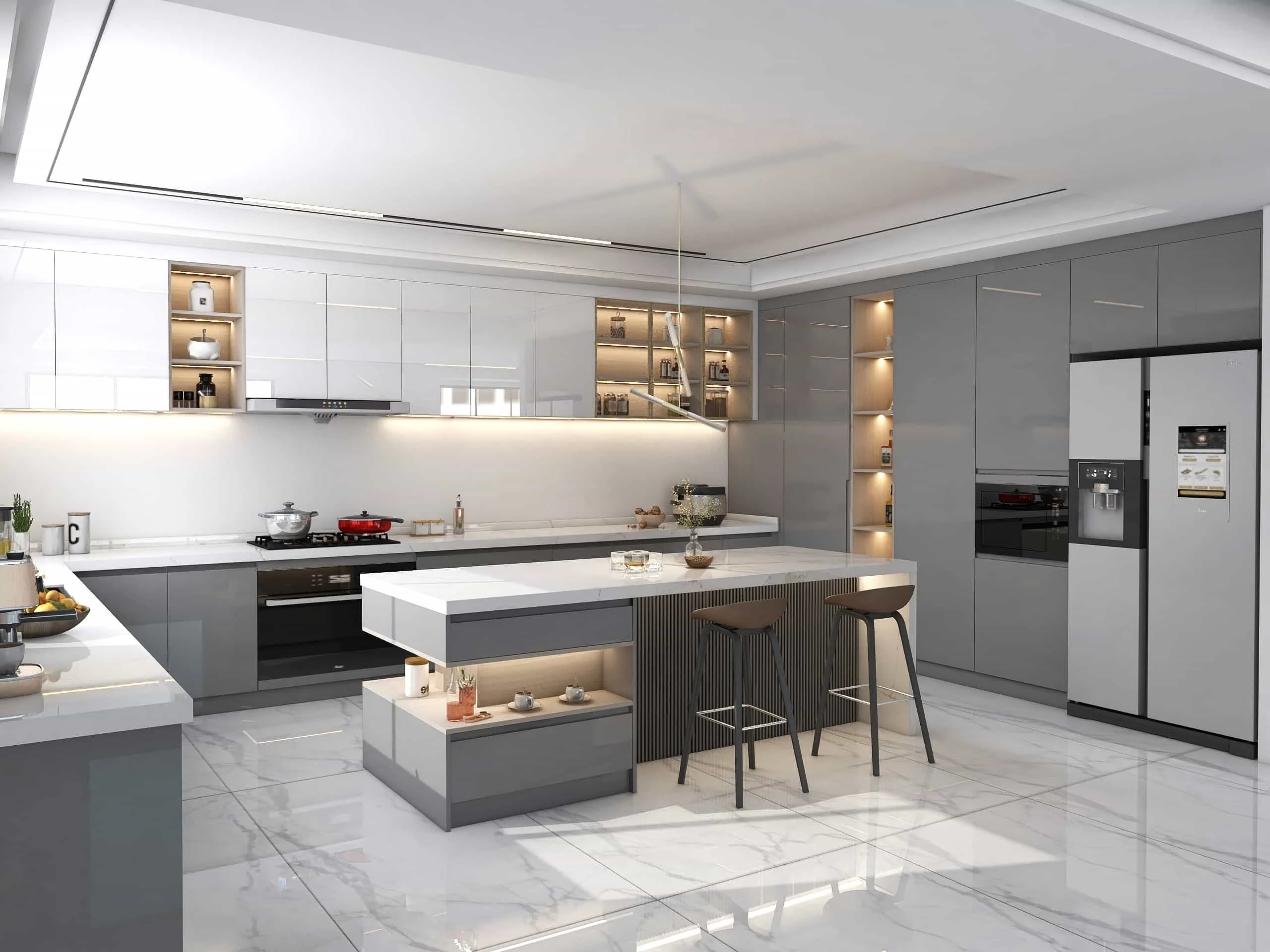 Modern Two-tone Grille U Shaped Kitchen Cabinet 2 Modern Two-tone Grille U Shaped Kitchen Cabinet