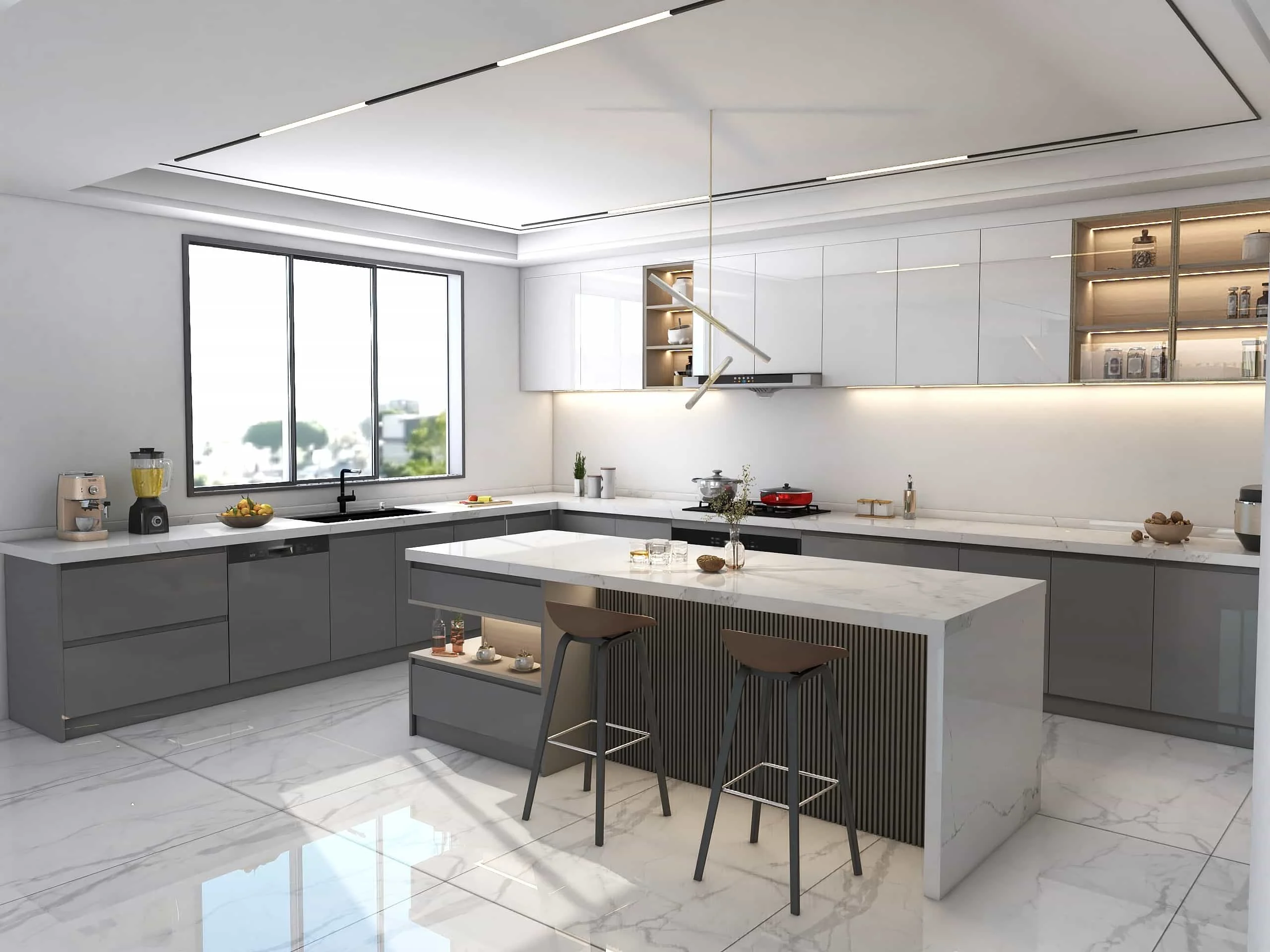 Modern Two-tone Grille U Shaped Kitchen Cabinet 4 Modern Two-tone Grille U Shaped Kitchen Cabinet