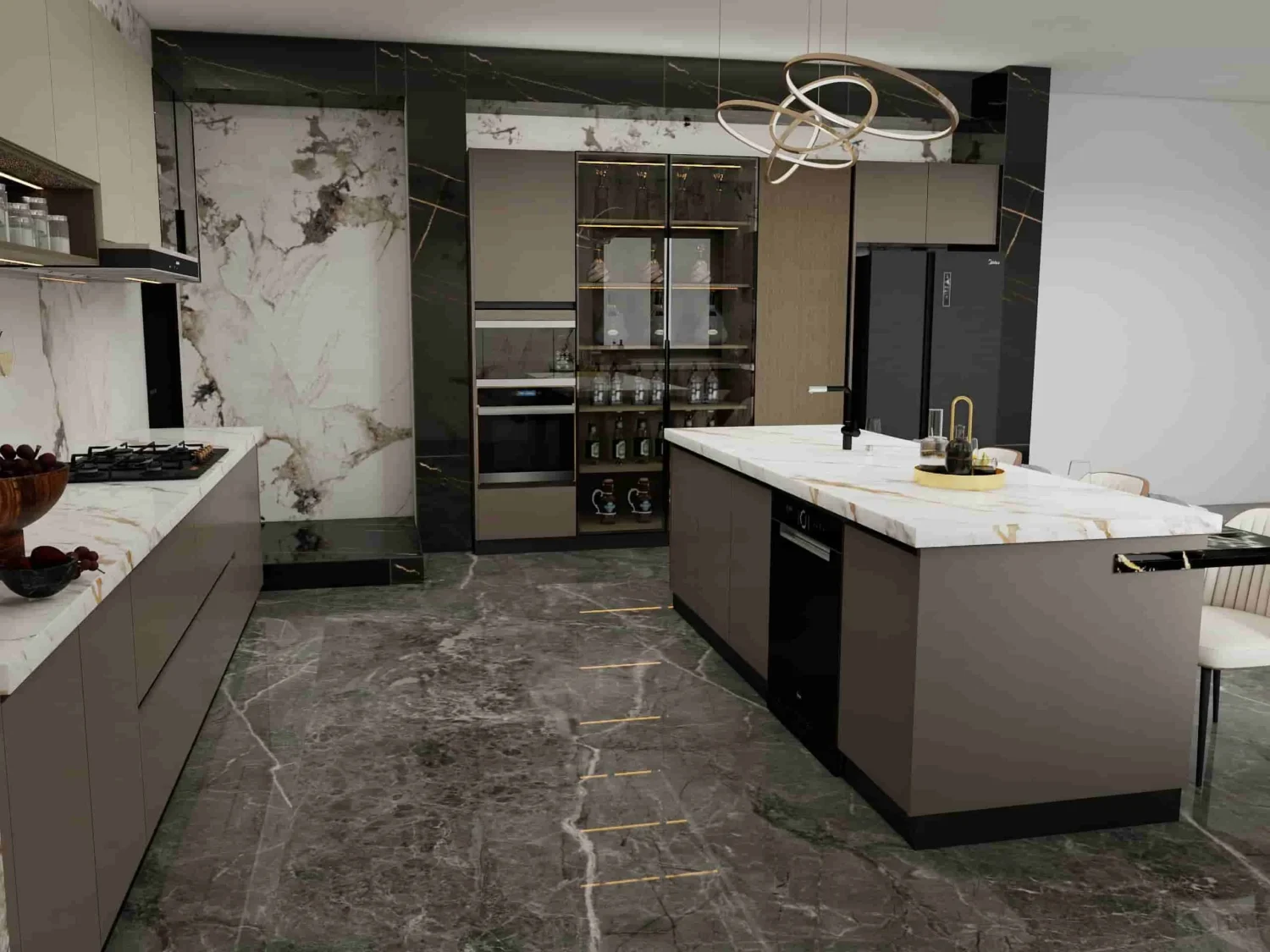 Gabinete de cocina moderno de mármol con isla de dos tonos (4)
