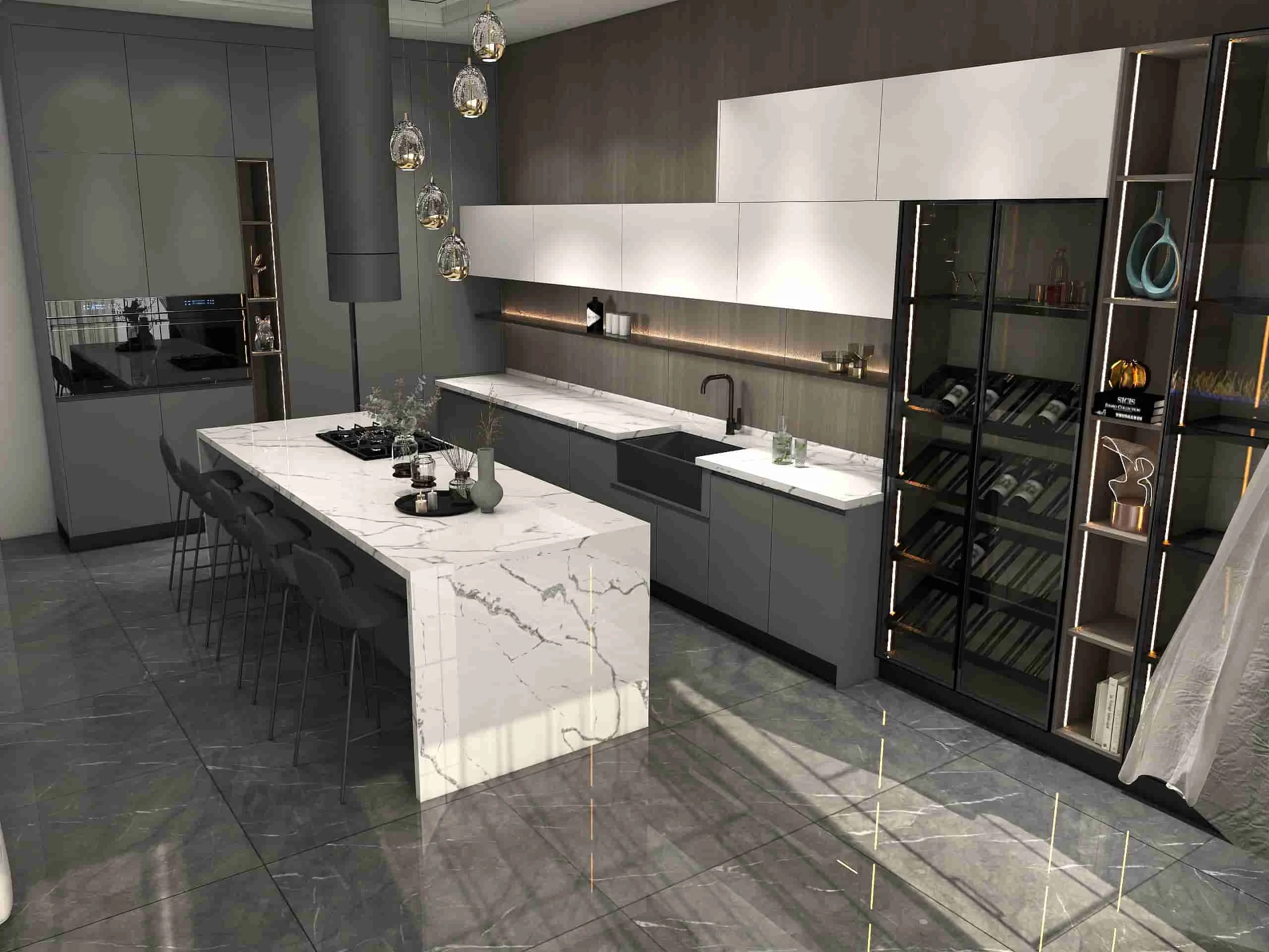 Modern Two tone Melamine Kitchen With Marble Island 3 Modern Two tone Kitchen With Marble Island