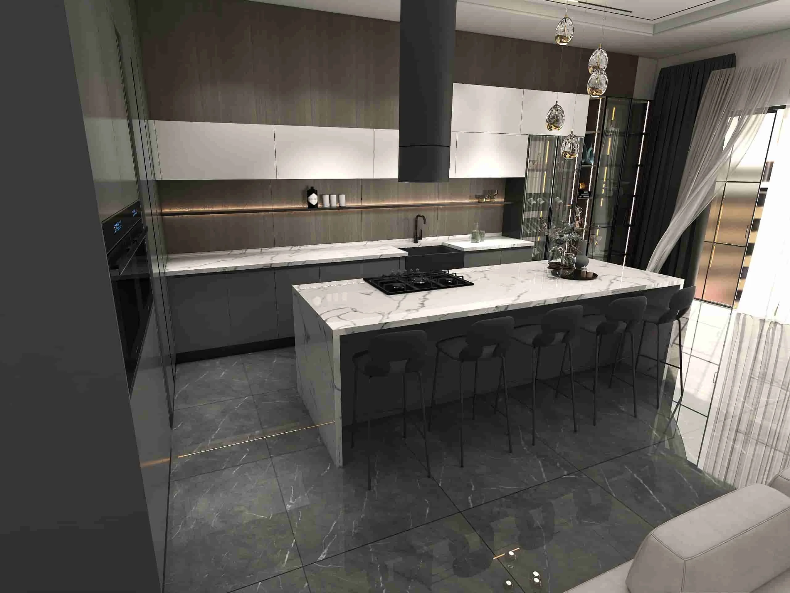 Modern Two tone Melamine Kitchen With Marble Island 2 Modern Two tone Kitchen With Marble Island