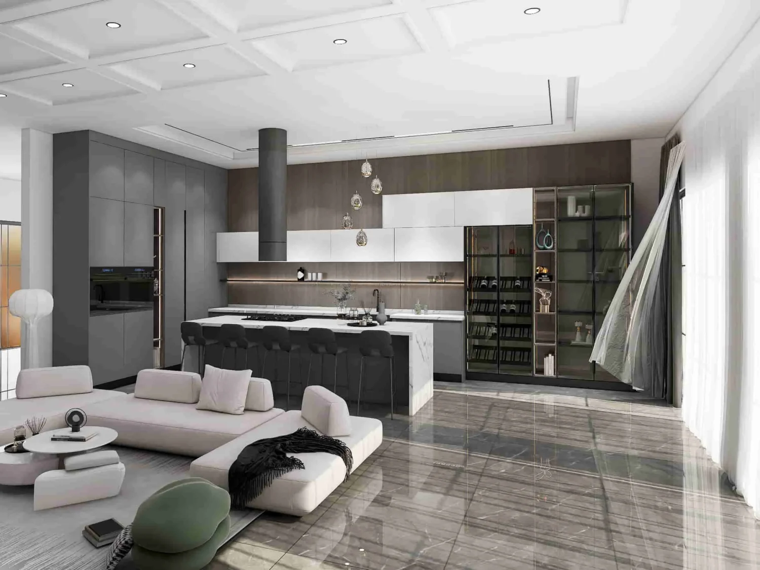 Dapur Dua Warna Modern Dengan Pulau Marmer