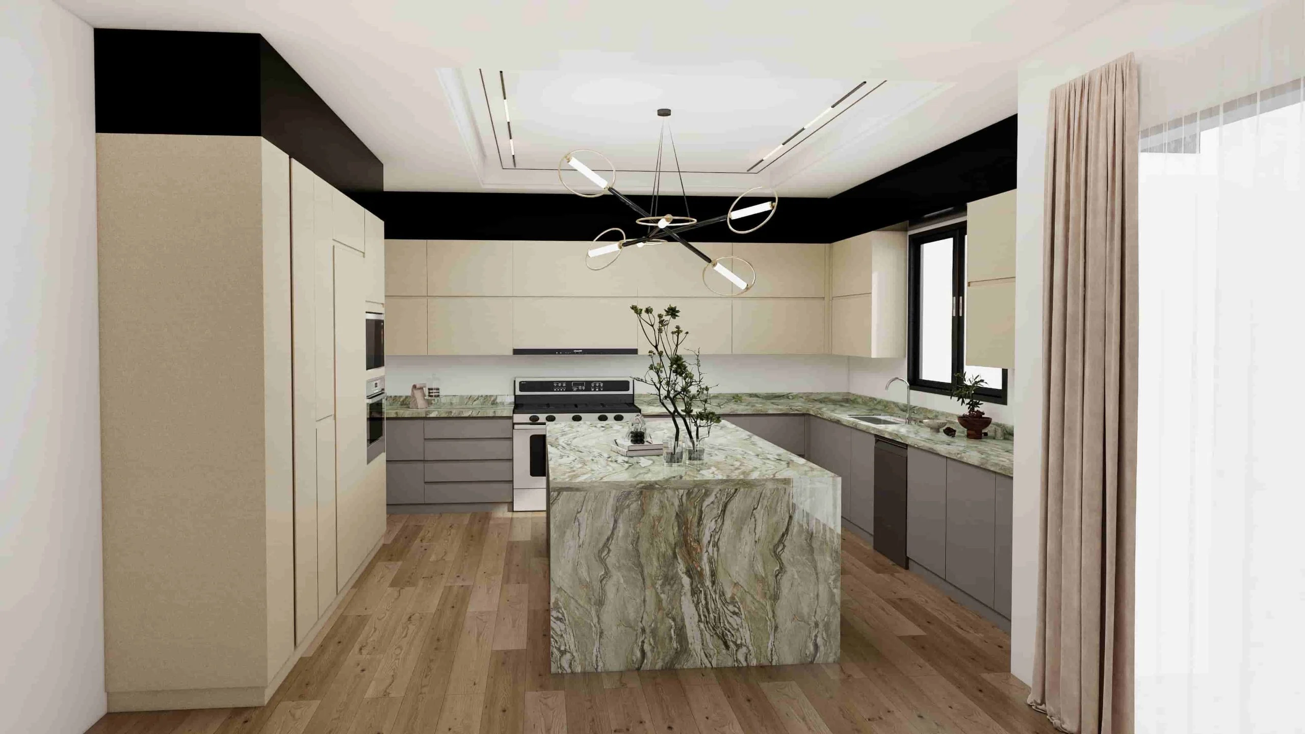 Modern Two-tone U Shaped MDF Kitchen Cabinets With Marble 5 Modern Two-tone U Shaped Kitchen Cabinets With Marble