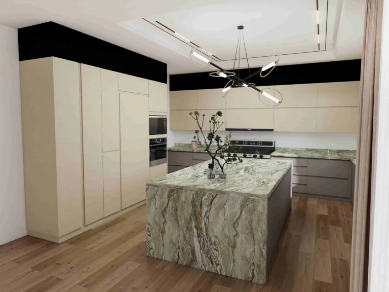 Modern Two-tone U Shaped Kitchen Cabinets With Marble